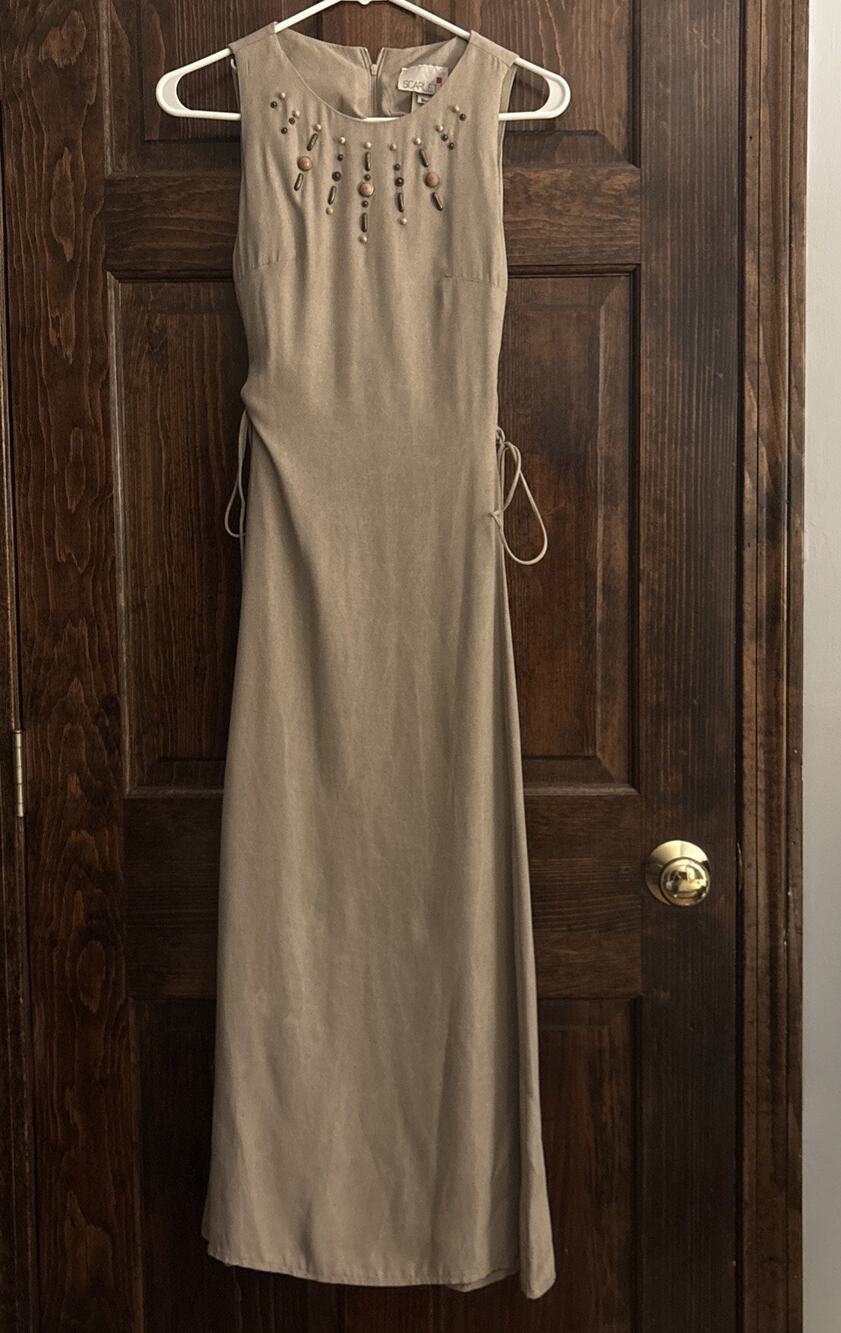 VTG Scarlett Size 4 Beige Beaded Neckline Lace-up Side Maxi Dress Boho Western